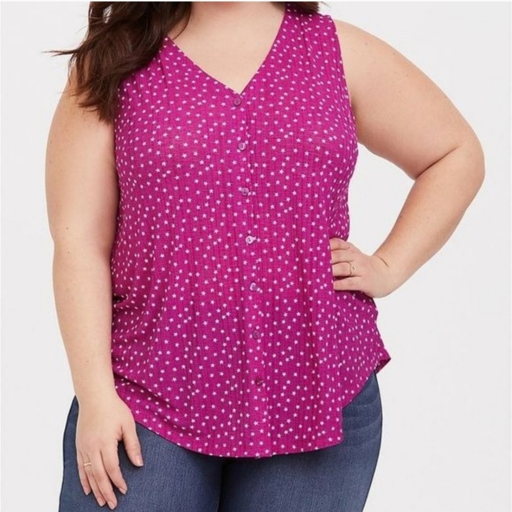 Torrid Magenta Star Print Button Down Shortsleeve Tank Top